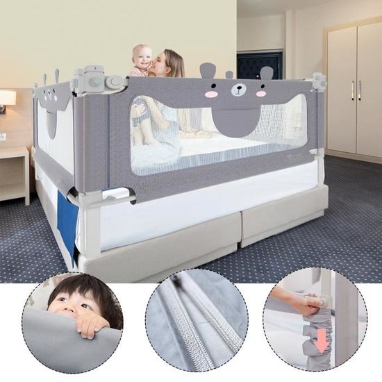 Barrière De Lit Réglable En Hauteur 150cm - Protection Anti-chute Pour Bébé Et Enfant, Maille Respirante, Ourson Gris