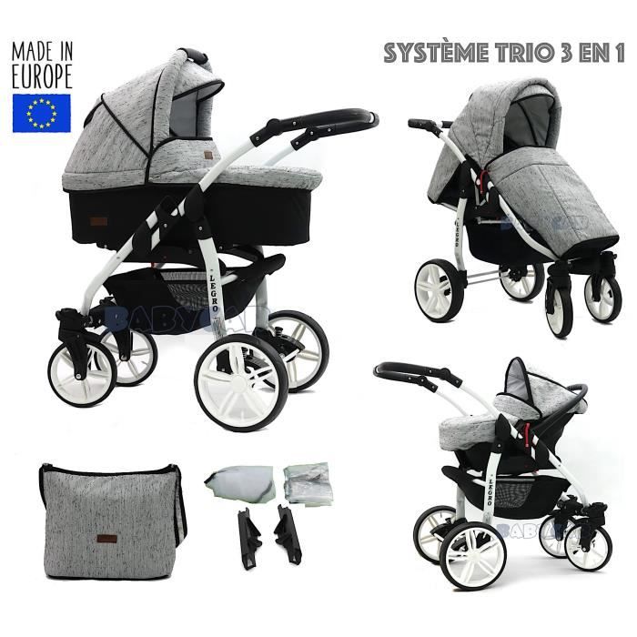 Noir-Gris LEGRO Trio Poussette - Landau 3en1 Combinée avec siège auto, ROUES PIVOTANTES - W3