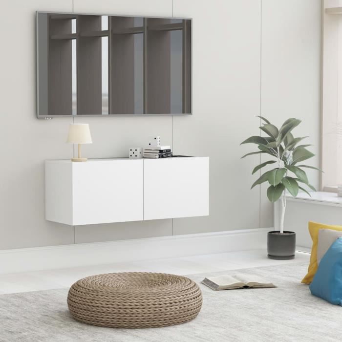 Meuble TV Mural Design Tendance Contemporain - Avec 2 Portes Abattantes - Blanc Aggloméré - 80x30x30 cm