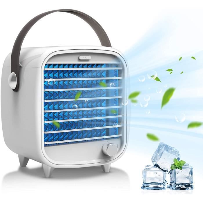 Climatiseur portable avec 2 bacs à glaçons Lumière d'ambiance LED USB Ventilateur pour bureau, maison, chambre à coucher