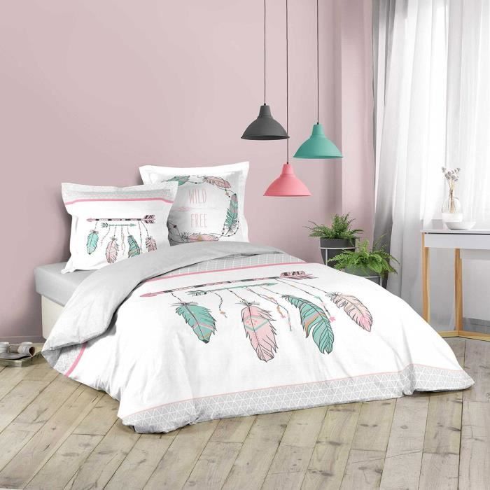 Housse de couette 200x200 + 2 taies Été indien blanc coton Blanc
