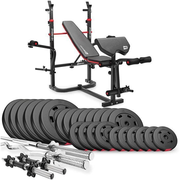 Hop-Sport Banc de Musculation Power Station HS-1065 avec Barre Longue, Curl EZ et Barres Courtes Set d'haltères de 135 kg
