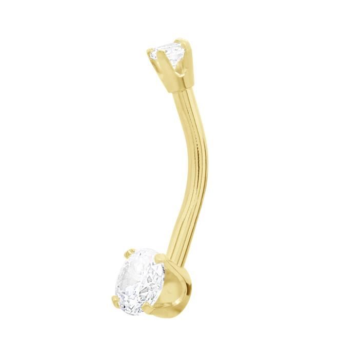 Piercing de Nombril en Or Jaune serti De deux oxydes de Zironium Blanc Ronde - Sertis Griffes - Anallergique