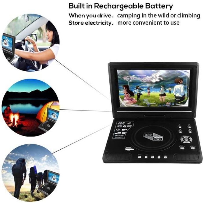 9,8 pouces Portable Lecteur CD/DVD écran LCD à écran plat de 270 degrés Lecteur de télévision Batterie rechargeable intégrée