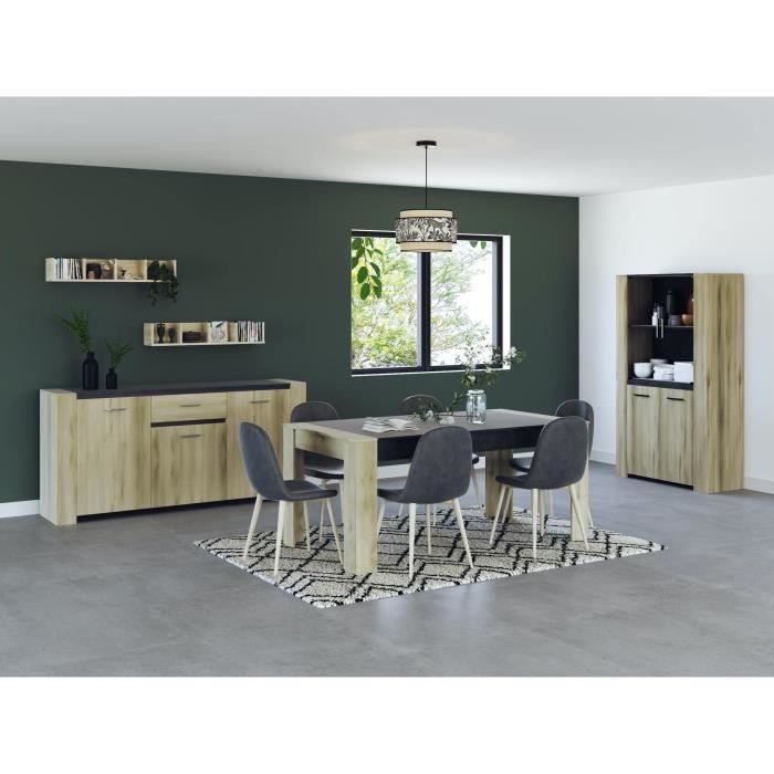 SHEFFIELD Ensemble Enfilade 4 portes + Vitrine 2 portes + Table L 170 cm - Décor chêne kronberg