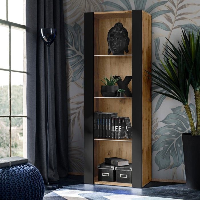 Vitrine armoire Tivoli Komodee - sans LED - Noir Mat & Bois naturel - L55cm x H159cm x P35cm
