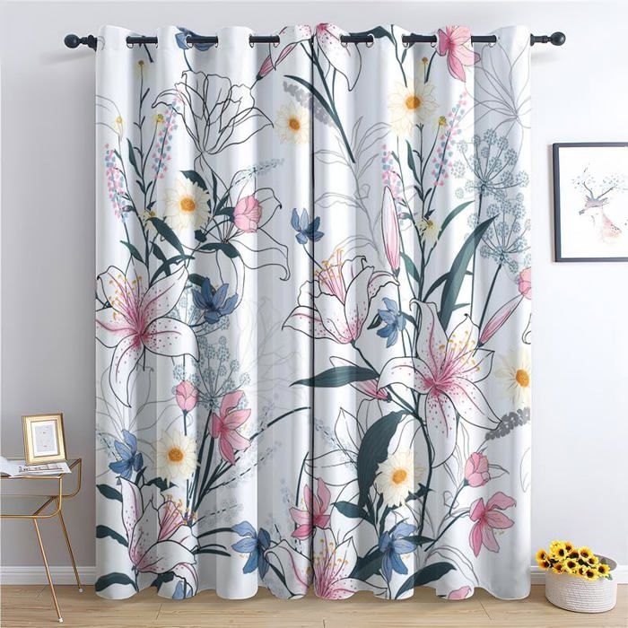 Lot Rideaux Occultants Double Motif Fleurs - Multicouleur, Polyester