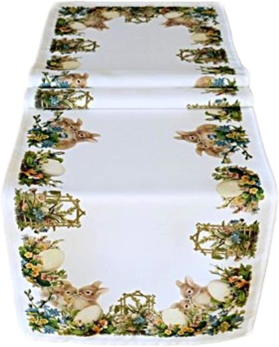 Raebel Chemin De Table En Lin Motif Lapin De Pâques Blanc/Multicolore 40 X 140 Cm