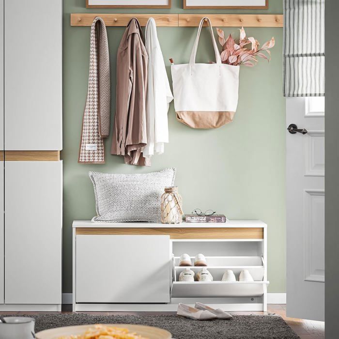 SoBuy Banc à Chaussures Blanc avec 2 Abattants et Rangement Banc d’Entrée Solide 240 kg 104x30x47cm