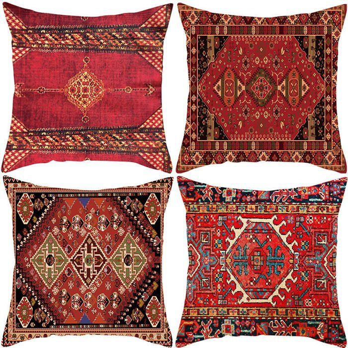 Lot de 4 housses de coussin 45x45 cm motif abstrait ethnique rouge vintage en coton et lin dcoratif pour couleurs mu ABRI DE JARDIN