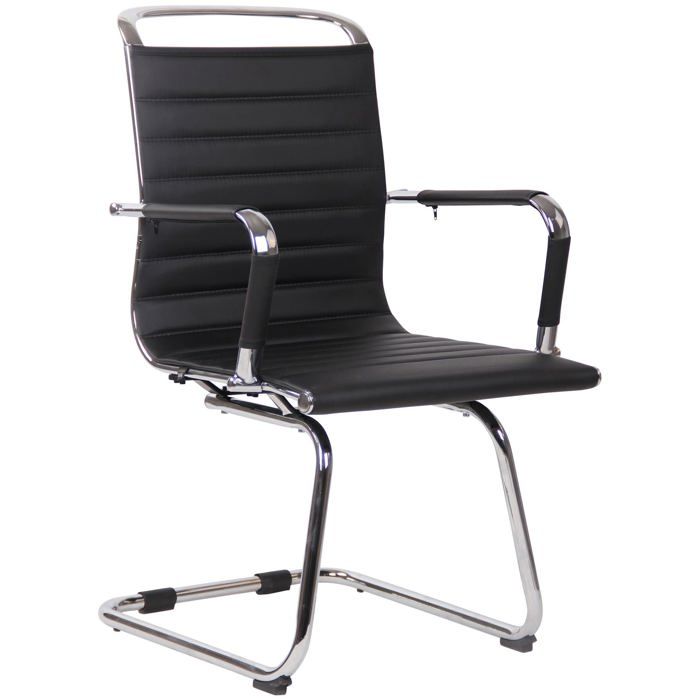 Chaise de bureau fauteuil sans roulettes pietement luge en metal chrome assise en PVC noir 10_0003258