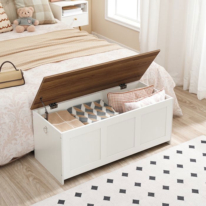 HOORBO Coffre de Rangement Coffre avec charnière de sécurité Banc de Rangement Coffre à Jouets Blanc et Noyer