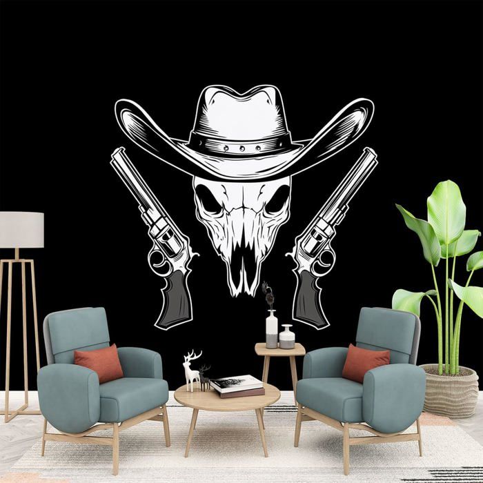 Papier Peint Panoramique Chapeau de cow-boy Crânes de vache 350 x 256 cm Papier Peint Intissé restaurant Décoration Murale