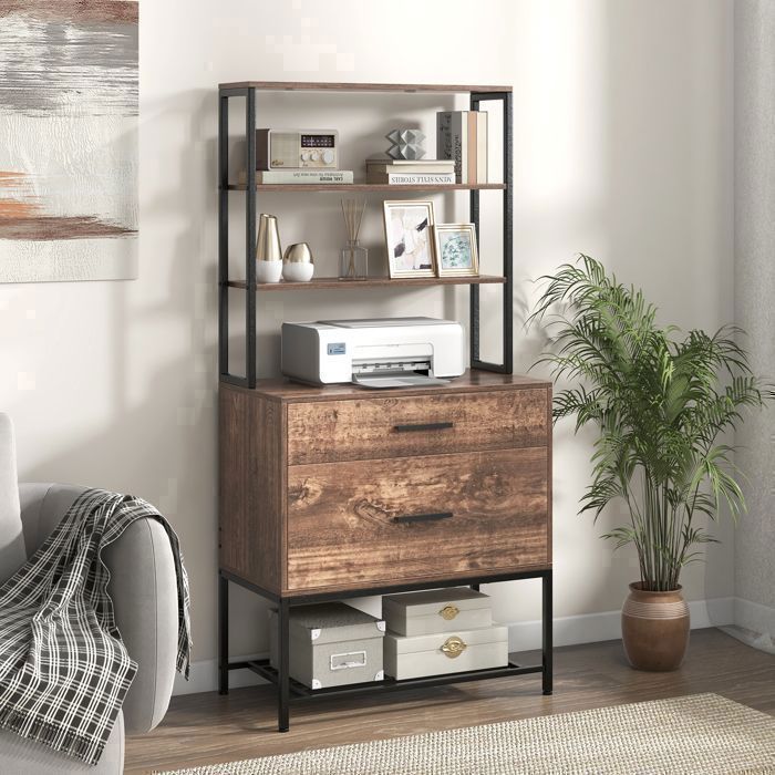 GOPLUS Meuble Étagère avec Étagères Ouvertes et 2 Tiroirs pour Dossiers A4-75x40x156CM-Style Idustriel-Marron