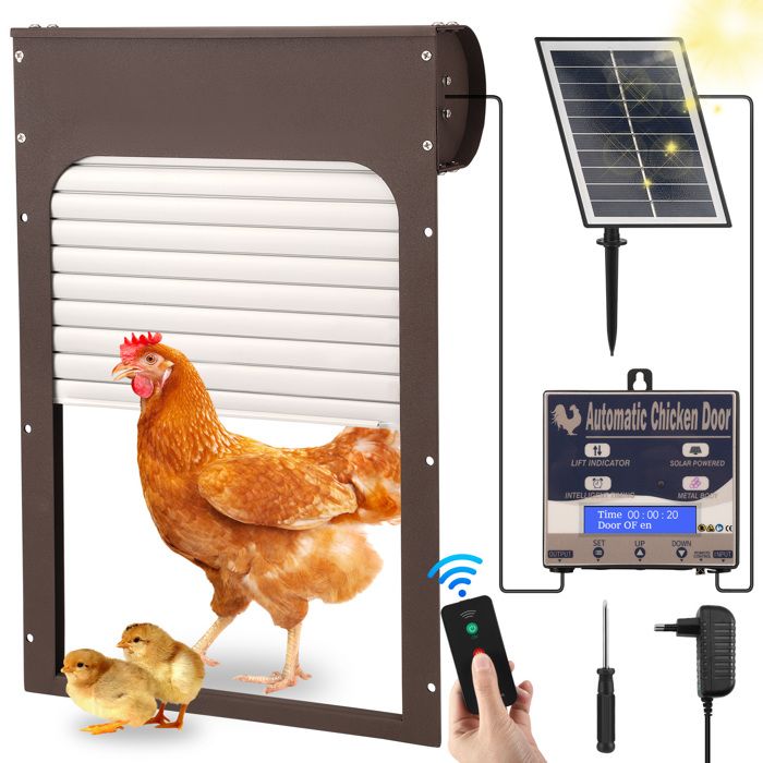 Porte Poulailler Automatique Solaire - Avec Télécommande Et Minuterie | Aluminium IPX45 Anti-Pincement
