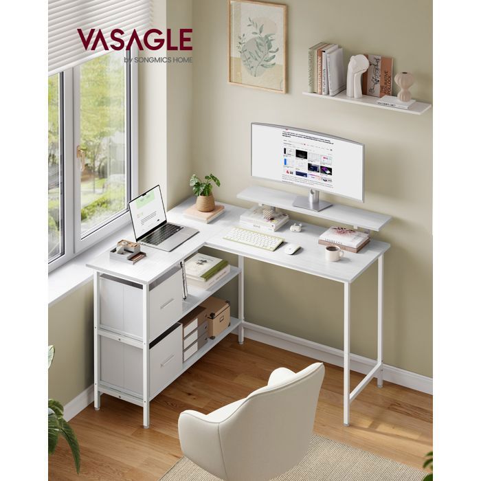 Bureau en L 2 Tiroirs Spacieux Support de Moniteur Étagère Réglable 115 x 105 cm Blanc Érable