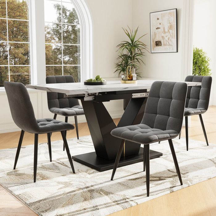 Ensemble Table et Chaises Salle a Manger 159x75x75 cm Table a Manger avec 4 Chaises en Velours Gris Pieds de Table Noirs