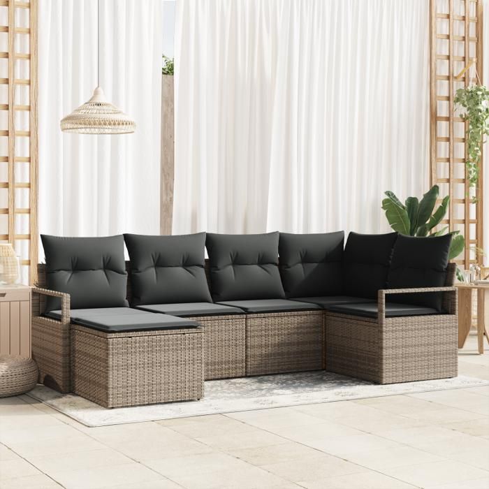 Canapé de jardin - Ensemble 6 pièces - Poly rotin - Coussins déhoussables - Style contemporain