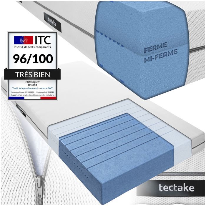 Matelas - TECTAKE - Matelas 2-en-1 SKY avec mousse de confort et 4 poignées latérales housse lavable 90 x 200 cm - Blanc