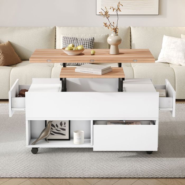 Table basse relevable 100x50x52cm 4 tiroirs + rangement blanc bois Table salon multifonction réglable hauteur Table basse relevable 100x50x52cm 4 tiroirs + rangement blanc bois Table salon multifonction réglable hauteur