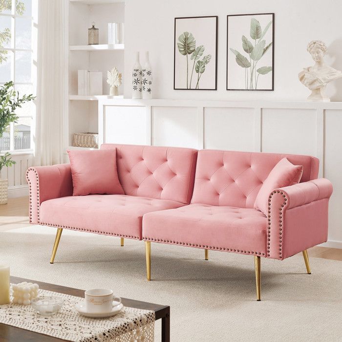 Canapé droit convertible 2 places–velours–Dossier réglable–Canapé-lit convertible fonction veille–Pieds en métal-Rose-173x75x70cm