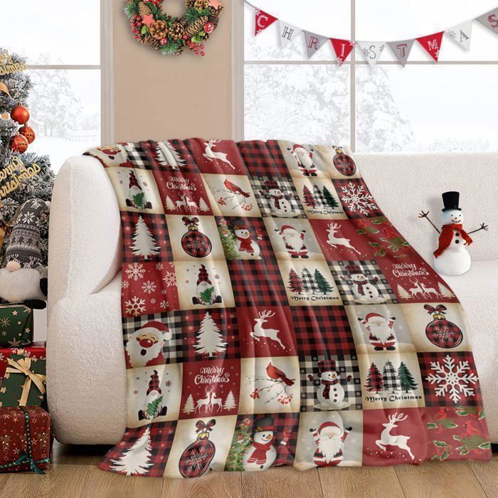 Couverture en flanelle de Noël douce et chaude 100x150 cm–Design Père Noël renne et carreaux rétro–Plaid décoratif et confortable