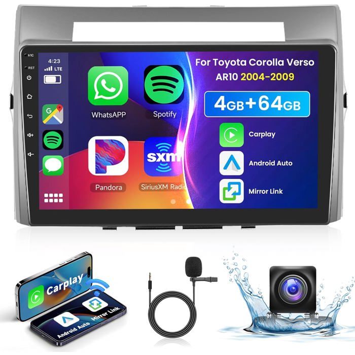 Autoradio 2Din - PODOFO - AR10 (Toyota Corolla Verso 2004-2009) - Android 13 - CarPlay sans fil - Écran 9 HD IPS