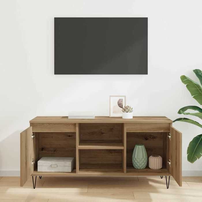 Meuble TV en bois dingénierie - WIENS - 104x35x50 cm - Chêne artisanal - 2 portes - 2 étagères - Poids maximal 60 kg