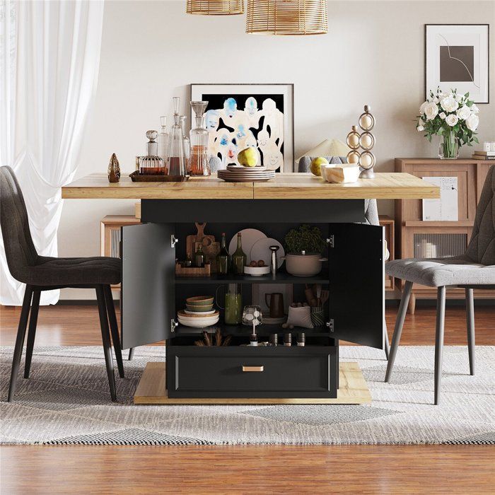 Table à Manger Extensible Bois 4 à 6 Personnes avec Rangement Table de Cuisine 110–140 cm avec Étagères Ajustables et Tiroirs Noir
