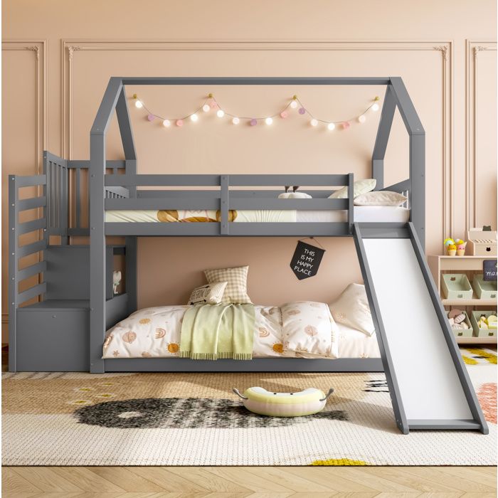 Lit superposé cabane avec escalier rangement toboggan et barrières gris