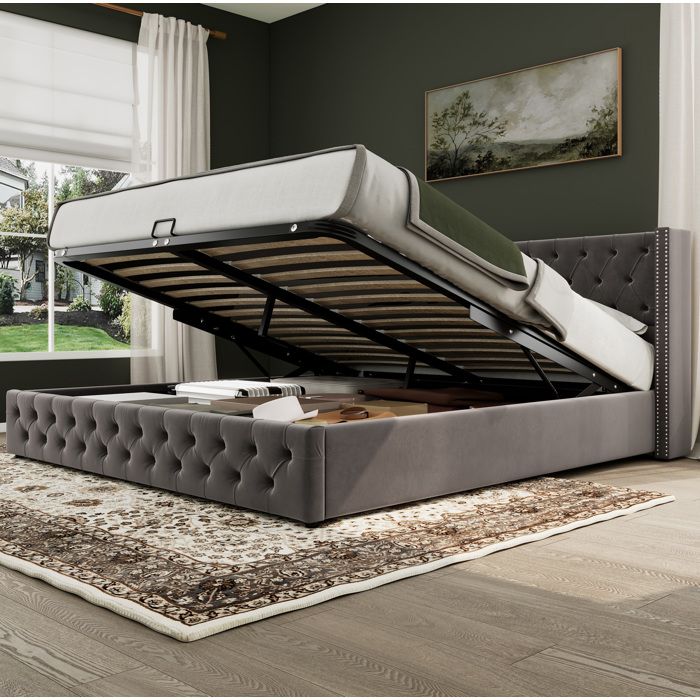 Lit coffre double gris 180×200 cm en velours sommier inclus tête de lit haute 945 cm montage nécessaire