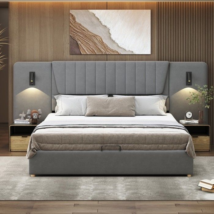 Lit Double Rembourré 180x200cm - Dossier XL & Lampe USB - Coffre Hydraulique - Velours Gris - Sans Matelas