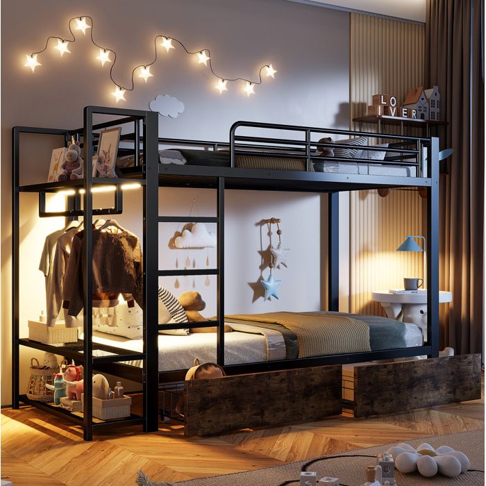 Lit superposé 90 x 200 cm enfant noir en métal avec LED rangements tiroirs et penderie