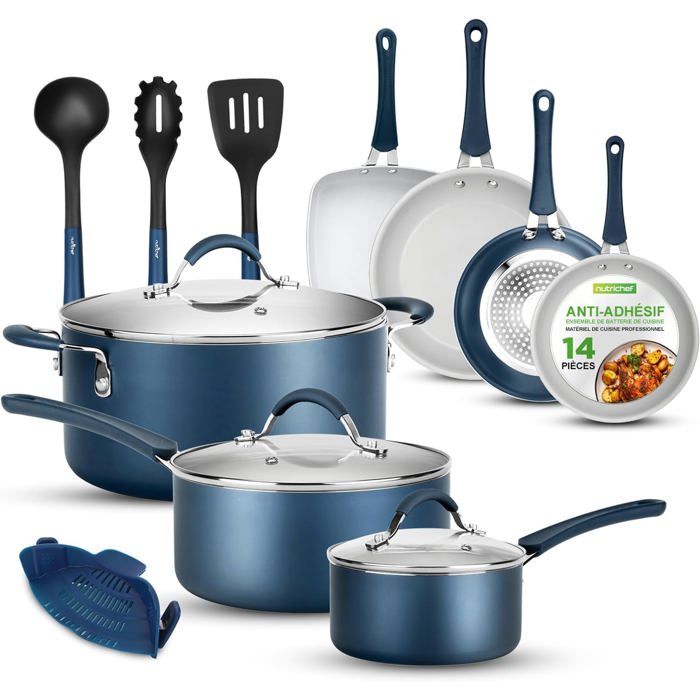 Batterie de cuisine antiadhésive - LEVYS - 14 pièces - Casseroles 15L et 25L avec couvercles