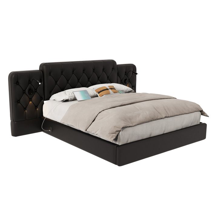 Cadre de lit velours noir 160x200 cm tête de lit haute prises USB lampe coffre hydraulique