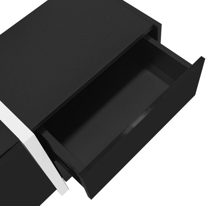 Meuble TV Moderne Caisson Noir Laqué Bas Pieds Blancs Bande LED Multicolore Gestion des Câbles Grand Rangement 170x30x39 cm