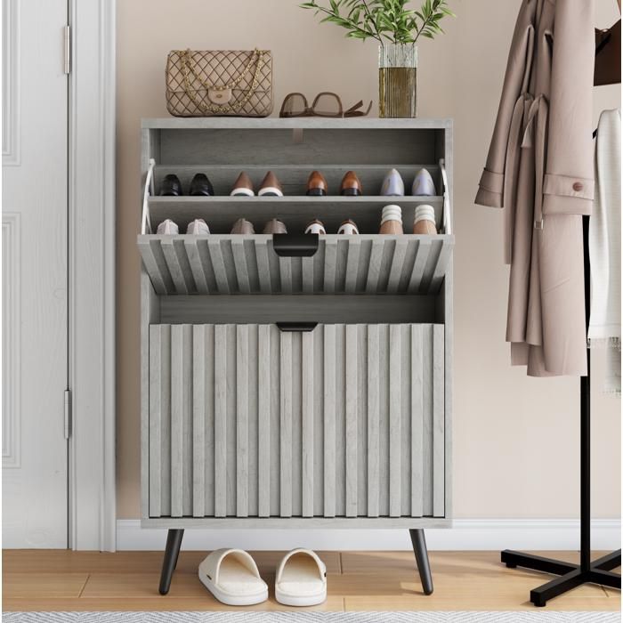 Meuble à Chaussures avec 2 Abattants Niche Ouverte et Anti-Basculement pour Entrée Bois Gris 60×24×94 cm - UVRION