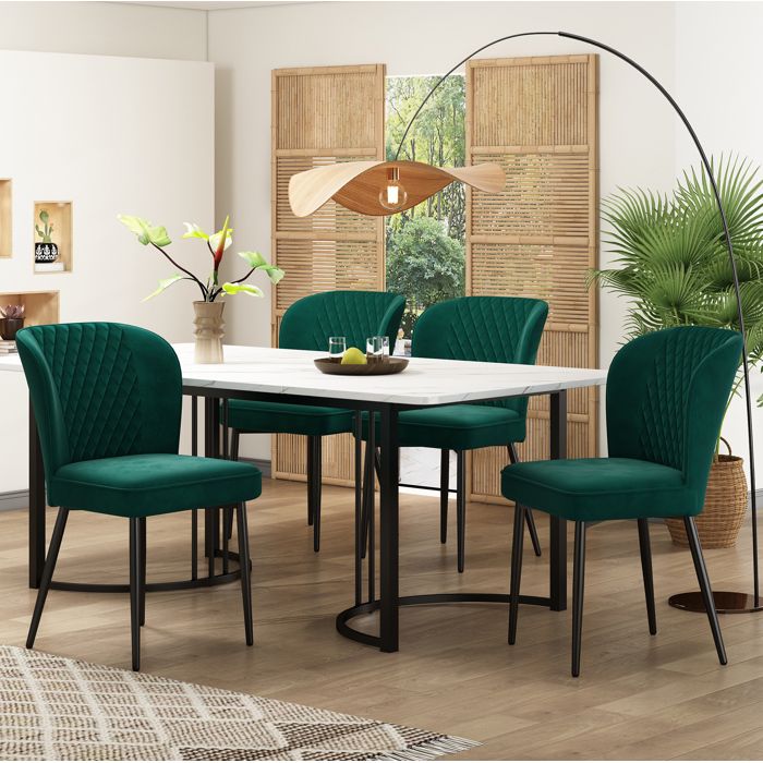 MEUVYX Table de salle à manger avec 4 chaises matelassées plateau MDF blanc pieds en métal noir velours vert foncé