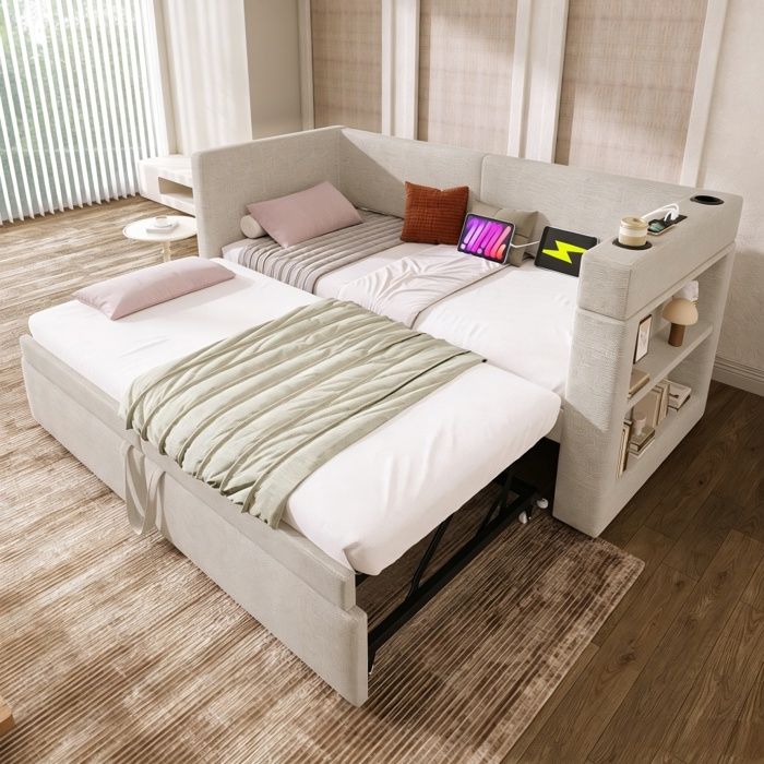 Lit gigogne rembourré 2x90x200 cm - BELLEMAVE - avec ports USB Type-C et porte-gobelets - tissu coton lin - sans matelas - beige