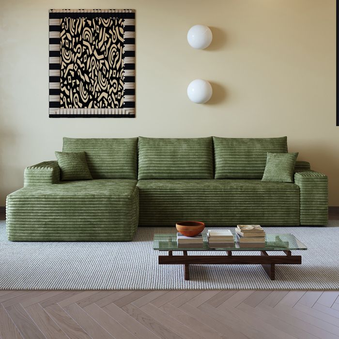 Canapé dangle modulable 3 places avec méridienne velours côtelé vert design épuré assise profonde pour le salon 270×175×83cm