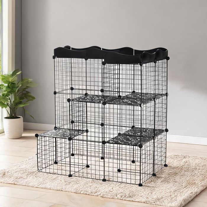 Enclos modulable pour petits animaux 3 niveaux en métal noir 105x70x116 cm 2 portes et rampe