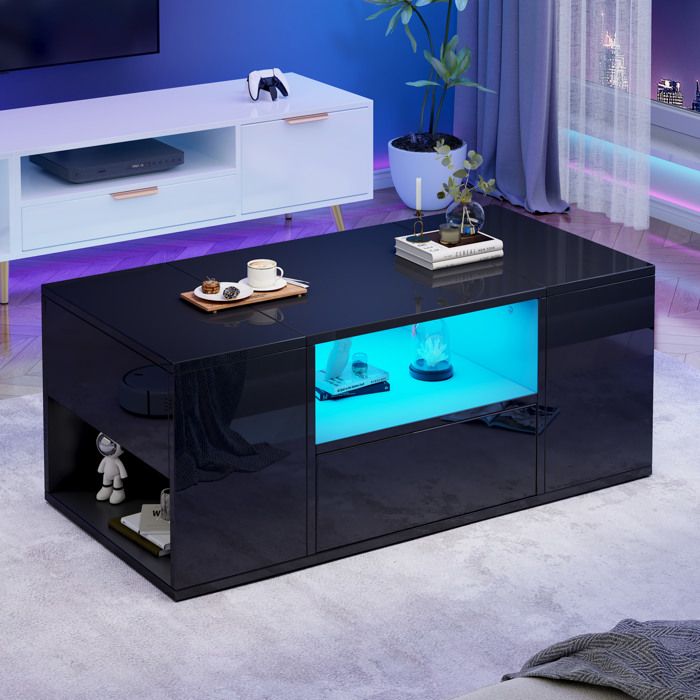 Table Basse Noire Brillante Avec Rangement Table De Salon LED FloraGrace Pour Salon Et Sejour 6 Espaces De Rangement 100x50x40cm