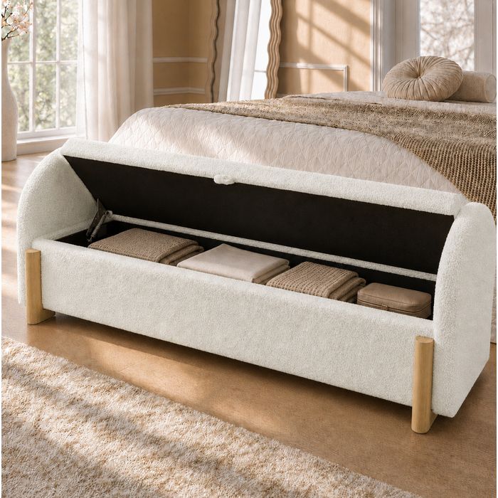 Banc coffre de rangement EVRYAE 146 cm blanc chenille bouclé vérin à gaz soft-close 150 kg