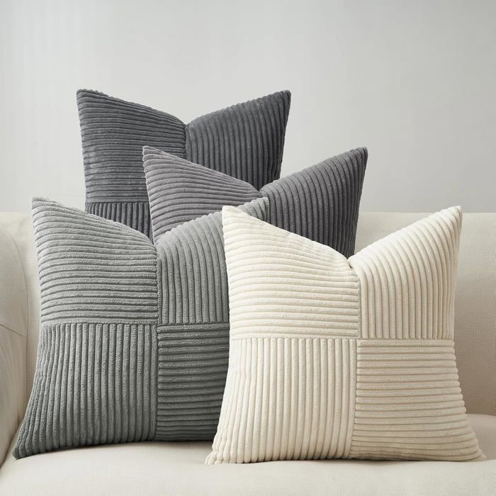 Lot de 4 Housses Coussin 50x50 Velours Côtelé Dégradé Gris Beige Motif Moulin à Vent Nordique Scandinave Canapé Salon Lit Jardin