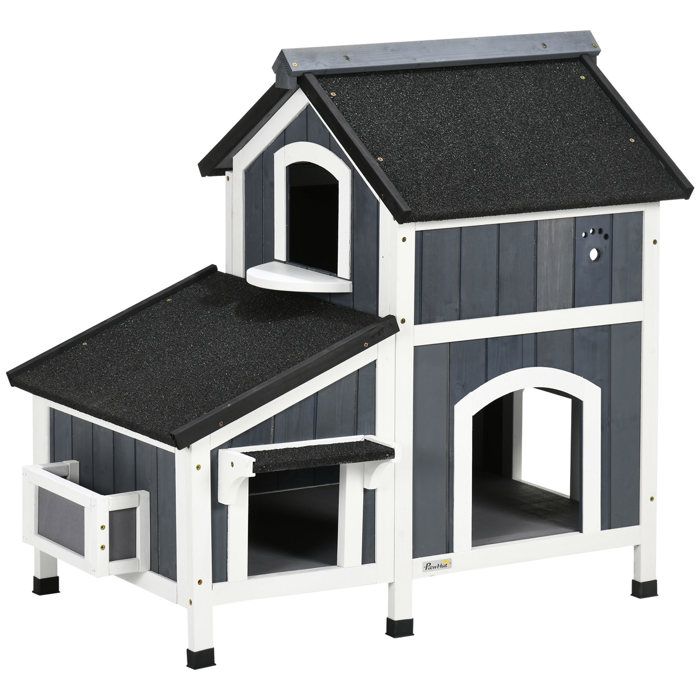 YWJ Nichoir extérieur en bois pour chats maison pour chats refuge pour chats à 2 niveaux 96 x 65 x 85 5 cm gris