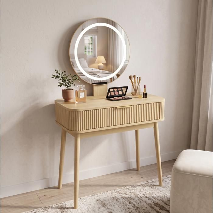 Meuble de Coiffure avec Miroir LED 80 x 40 x 133 cm 1 Grand Tiroir Eichenholz Design Moderne - Sans Chaise