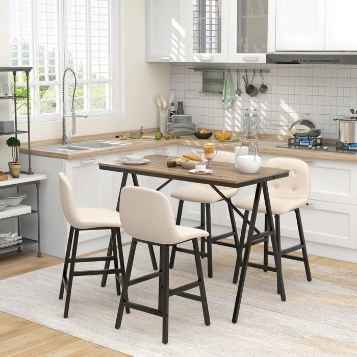 HOMCOM Table à bar avec tabouret Set Table de cuisine Beige 5 pièces groupe repas Table bistrot avec 4 chaises