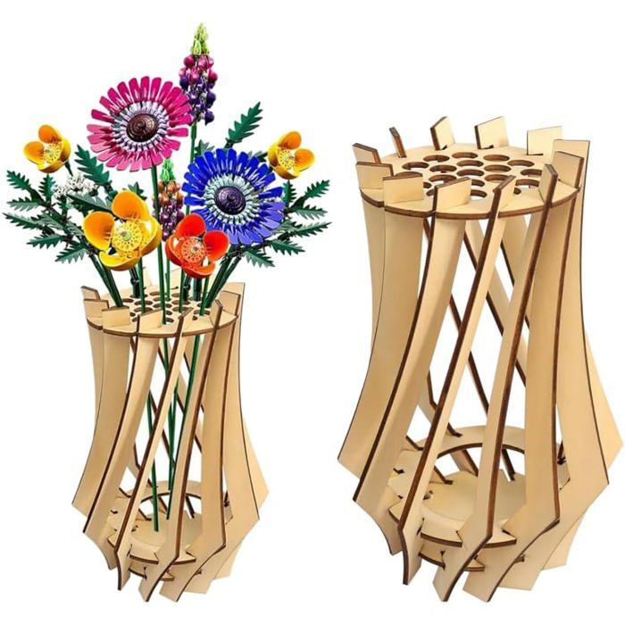 2pcs Vase en Bois pour Fleurs Puzzle Présentoir 3D Vase Lego Fleurs Artificielles Plantes Support en Bois Bouquet Lego Roses