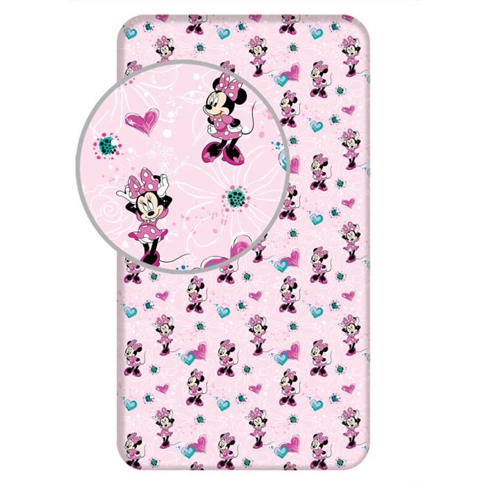 Drap housse - Disney - Minnie : Fleurs - Coton 100% - Rose - 90 x 200 cm
