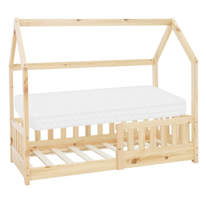 Lit denfant avec protection contre les chutes Sommier à lattes et toit 70x140 cm Naturel en bois de pin ML-Design